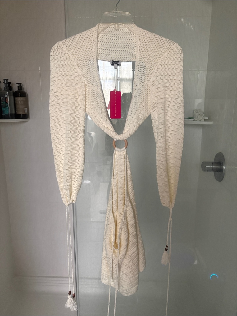 Beginning Boutique Crochet Tie-Front Shrug - Cream